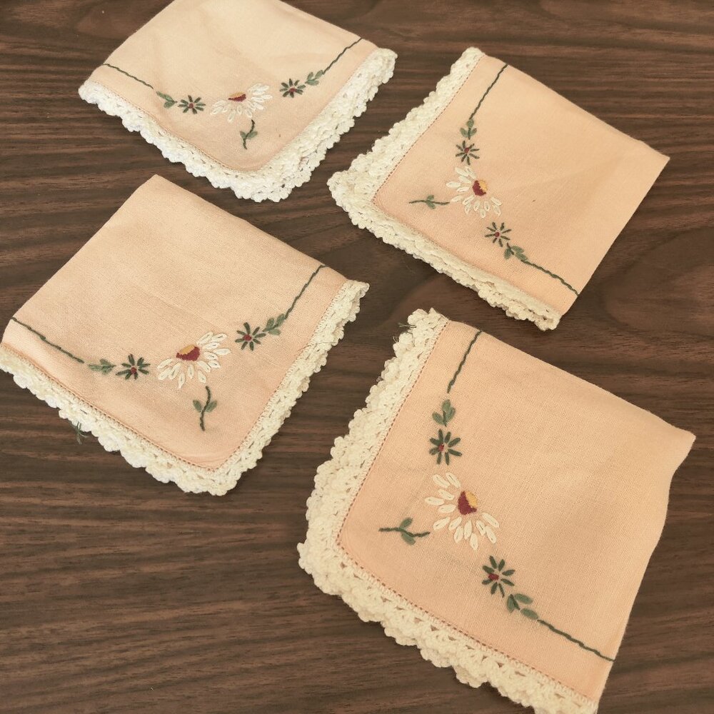 Embroidered Tea Napkins 4, Daisy, Greens & Red Stitching Handmade Vintage